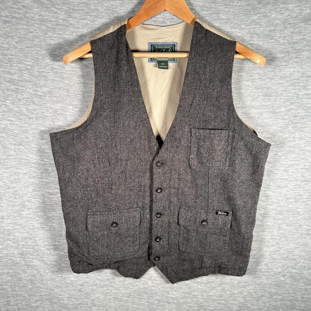 Woolrich Vest Mens Large Gray Wool Herringbone Tweed Lined Pockets 18402